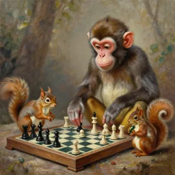 a monkey playing chess with a squirrel, oil on canvas, fantasy, high detail, masterpiece