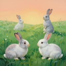 adorable rabbits in verdant fields, delight! by zdzislaw beksinski and gediminas pranckevicius and tiffany bozic, cold hues, warm tone gradient background, concept art, beautiful composition, digital painting
