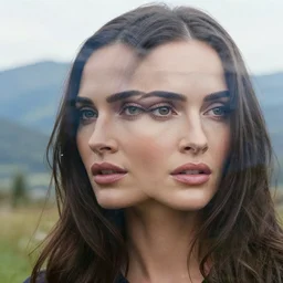 double - exposure effect of megan fox face in beautiful mountains, in the style of dan mountford, amazing detail