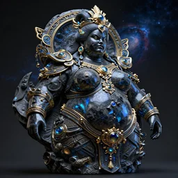 intricate detailed sculpture of futuristic obese cosmic space black empress, stone and glass, gorgeous, high contrast, blue gold and black! dream intricate holographic realistic bust sculpture of futuristic digital obese angry singaporean feminine girl empress, stone and glass and gold, high contrast, blue and black, masterpiece