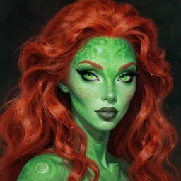 an elegant Redhead Pleiadian alien human beautiful hybrid feminine woman, green skin, long gorgeous red hair in loose curls, with stunning green eyes, cute face and a roundish nose, as a retrofuturistic heroine, face and body, gorgeous psychedelic digital painting, artstation, concept art, smooth, sharp focus, illustration, art by artgerm and donato giancola and Joseph Christian Leyendecker, Ross Tran, WLOP