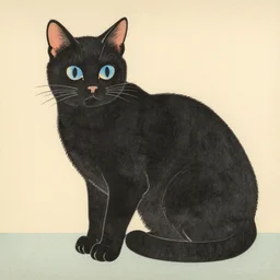 japanese woodblock print, black cat, blue eyes