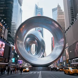 The tesseract vortex portal to another dimension opens up in the middle of Times Square in New York city. Photorealistic.