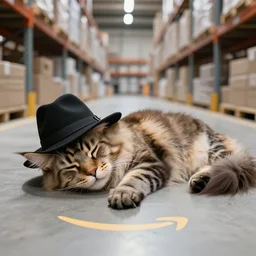 picture of frostmourne the maine coon cat wearing fedora sleeping on amazon warehouse factory floor