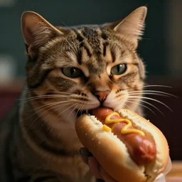 cinematic shot cat eating a hotdog, hyper realistic, mood lighting, fantasy, detailed face, highly detailed, super realistic, perfect lighting