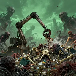a machine made of rubbish with long arms devours other rubbish and creatures in a giant rubbish heap full of strange and terrifying creatures, under a green sky in the distance, bones, corpses, monsters, hell, distorted, creepy, illustration, by dan seagrave, cinematic photographym, cinematic, ue 5, metal album cover art