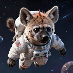 digital detailed art of furry female hyena, in style of zootopia, fursona, furry, furaffinity, deviantart, wearing astronaut outfit, floating in space, space background, cyberpunk, detailed face, style of artgerm,