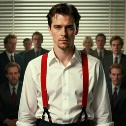masterpiece concept art, christian bale as patrick bateman from american psycho wearing red suspenders and white business shirt. background is closed blinds, soft lighting, cinematic moody colors, realistic shaded lighting poster by ilya kuvshinov, magali villeneuve, artgerm, jeremy lipkin and michael garmash and rob rey, lucian freud