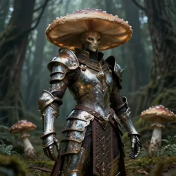 mushroomfolk in a in a  armor consisting of bismuth. masterpiece 4k digital design by Takato Yamamoto, award winning, Artstation, Takato Yamamoto aesthetic, Neo-Gothic, gothic, forest on background, intricate details, realistic, hyperdetailed, 8k resolution