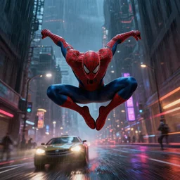 spidey swining above a car speed chase down in a brutalism looking city, dim neon lights, lens flare, scale, night life, heavy rain, deep focus, d & d, fantasy, intricate, elegant, highly detailed, digital painting, artstation, concept art, matte, sharp focus, illustration, hearthstone, art by artgerm and greg rutkowski and alphonse
