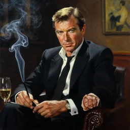 roger moore as james bond, smoke filled room, film noir lighting, painting by ross tran