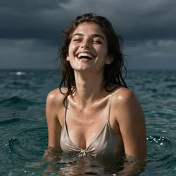 woman in ocean laughing