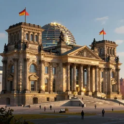 dystopian reichstag Germany, futuristic digital painting, concept art, volumetric lighting, warm lighting, trending on artstation, high detail, sci fi, gothic, vivid colours