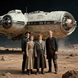 highly detailed, 813435456k film, 806400mm film still from a sci fi blockbuster color movie made in 2019, set in 1860, of a family standing in front of a spaceship that has just landed on an alien planet, the family are all wearing 1860s era clothes, good lighting, good photography, ultra high definition