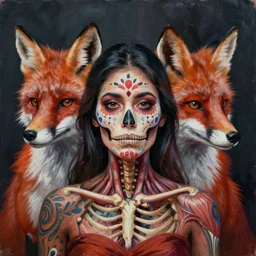 painting of [ hybrid between beautiful hispanic woman day of the dead tattoos!!!!!! & red fox ], intercrossed human & animal, human face with fox whiskers and ears, half!!! of the face skin removed exposing half the face, muscles and skull bones, completely centered, symmetrical, trending on artstation, mixture, by zdzislaw beksinski
