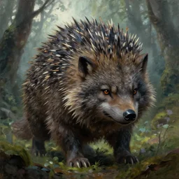 frazetta hulked oversized rugged werewolf hedgehog wolf concept art macro medium close up shot in deep forest, mist, overcast, backlighting, oil painting by frank frazetta by greg rutkowski