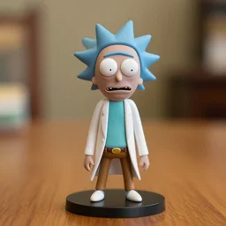 rick sanchez figurine by pixar sad bokeh on wooden table.