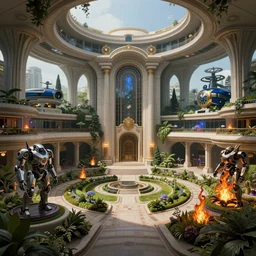 Futuristic police station with ((((beautiful and magical garden)))). By Frank Lloyd Wright, concept art, inrincate, sharp focus, digital painting, unreal engine, cgsociety, neoclassical, mech, robot, fractal flame, cinematic, highly detailded