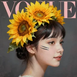 sunflower tiara, face tattoo lines, korean audrey hepburn, vogue magazine, greg rutkowski, john singer sargent, trending on artstation, anime, oil painting, side profile portrait, looking right, smile, intricate