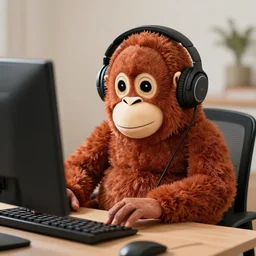 a plush orangutang with headphones using a computer