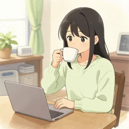 sketch of mio from nichijou drinking coffee in a cozy house