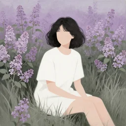 portrait of cute girl with short curly black hair sitting in a field of lilac flowers, minimalist painting of a modern girl, the grass is desaturated