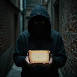 photo of a very suspicious shady man holding cheese in a dark alleyway