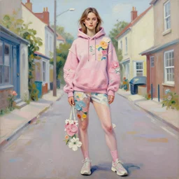 keira knightley wearing a hoodie standing in a township street in the style of martine johanna, street clothing, haute couture! fashion!, full figure painting by andrei riabovitchev, tara mcpherson, david choe, decorative flowers, detailed painterly impasto brushwork, pastel color palette, die antwoord