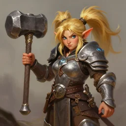 friendly female dwarf warrior with an oversized hammer and large blonde pigtails, a fantasy digital painting by Greg Rutkowski and James Gurney, trending on Artstation, highly detailed