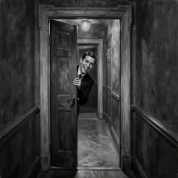 Ted Cruz with a wide grin peaking through a door in the distance at the end of a narrow corridor, black and white, creepy lighting, scary, horror, ornate, eerie, fear, photorealistic oil painting