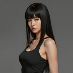 Portrait of a woman by Greg Rutkowski, she is about 30 years old, mixture between korean, indian and arabian, pretty, black straigh hair with bangs, attractive, tall and slim, she is wearing a black tank top, highly detailed portrait, scifi, digital painting, artstation, concept art, smooth, sharp foccus ilustration, Artstation HQ