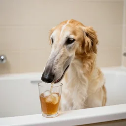 borzoi with a drink in a bath tub