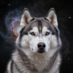 a photo of a galaxy nebula in the shape of the head of a siberian husky dog, highly detailled, realistic, nasa image, photorealistic, galaxy, space