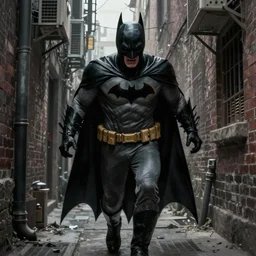 the batman appearing out of the shadows in an alley, artwork by jim lee, frightening, fear, scary, intimidating, digital art