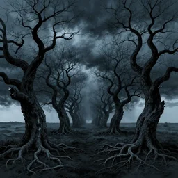 in the storm, gnarled trees on a darkling plain, tree roots, drawn by christan delort and jean gireaud, wide angle, centered composition, golden ratio