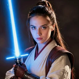 head and shoulders portrait of a female knight, jedi, robes, blue lightsaber, young carrie fisher, star wars, by artgerm, anime
