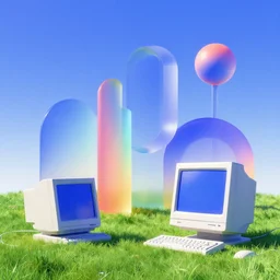 retro computer art generated architecture shapes in a meadow with blue sky. slick, futuristic design. colorful soft gradients, translucence. pre - 2 0 0 0 s era. 9 0's computer art, early computer graphics