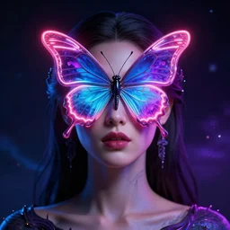 a portrait of a beautiful woman with a neon butterfly covering her face head, cult secret society art by james paick, and shaddy safadi, ominous, cosmic magic, trending on artstation, ultra detailed, hyper realistic 4 k, octane, cinema 4 d, c 4 d, 3 d render, unreal engine