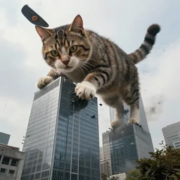still of a curious giant massive cat tipping over a skyscraper, disaster footage