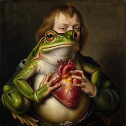 portrait of an actor in the role of the frog with a human heart, oil painting by jan van eyck, northern renaissance art, oil on canvas, wet - on - wet technique, realistic, expressive emotions, intricate textures, illusionistic detail