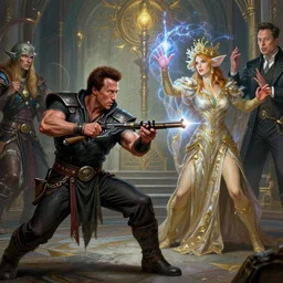 film still dnd, arnold schwarzenegger fight goblin, kate beckinsale lockpicking, charlize theron cast spell, elon musk, 8 k, deep focus, d & d, fantasy, intricate, elegant, highly detailed, digital painting, artstation, concept art, matte, sharp focus, illustration, hearthstone, art by artgerm and greg rutkowski and alphonse mucha