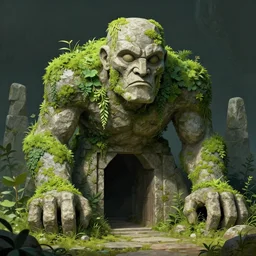 ancient stone golem covered in plants guarding the entrance to another world, art by anton fadeev
