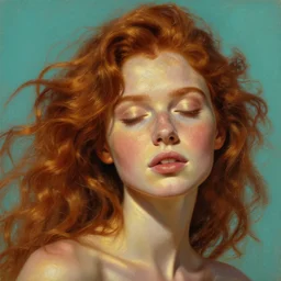 hyper realistic painting portrait of a redhead girl with flowing curls and closed eyes, her skin is like gold and turquoise background, hyper detailed face by stjepan sejic, norman rockwell, michael hussar, roberto ferri and ruan jia
