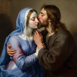 jesus kissing a maria maddalena, elegant, highly detailed, digital painting, artstation, concept art, matte, sharp focus, illustration, art by artgerm and greg rutkowski and alphonse mucha