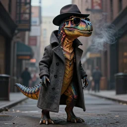 portrait of a sneaky dinosaur wearing a long coat a hat and sunglasses in a smoky new york back street, studio lighting, model, hdr, 2 4 mp, fantasy, high detail, elegant, digital painting, natural light, vibrant, intricate, textured skin, highly detailed, artstation, sharp, focus, illustration, anna dittmann, ilya kuvshinov, nikolay makovsky