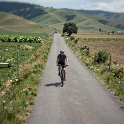 Overhead view of a person riding a bicycle on a farm road in Idaho, by Emmanuel Lubeski, anamorphic lens, 4k,