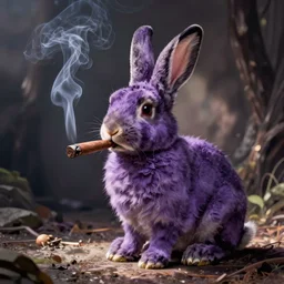 a violet rabbit smoking a cigar, in the style of h. r. geiger