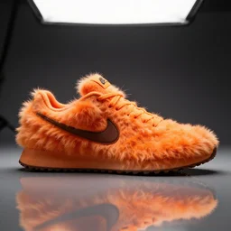 nike shoe made of very fluffy orange faux fur placed on reflective surface, professional advertising, overhead lighting, heavy detail, realistic by nate vanhook, mark miner