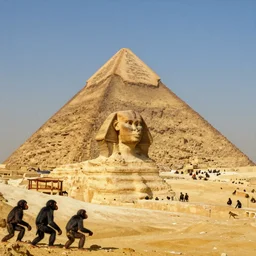 the great pyramid of giza being built by chimps, 1 3 th century painting,