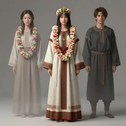 studio photo portrait of Lain Iwakura from Serial Experiments Lain wearing floral garlands over her traditional dress. full height portrait of Lain as a slavic pagan priestess wearing traditional pagan dress adorned with golden tiara, concept art by Greg Rutkowski and James Dean and Ross Tran, ultrarealistic octane render, 8k, rtx on, trending on ArtStation